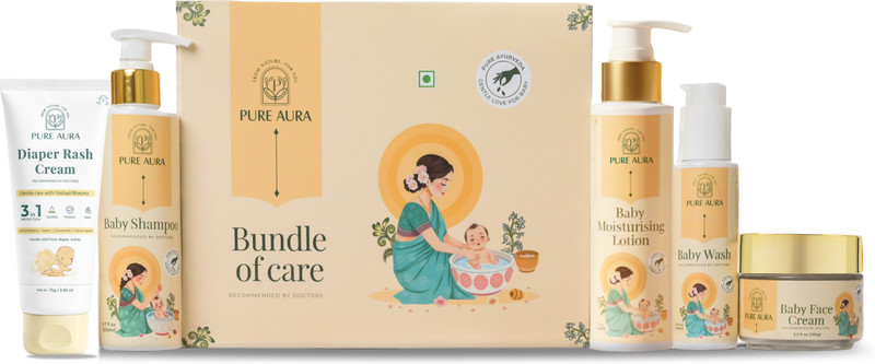 Pure Aura Newborn Baby Care Kit | Lotion, Shampoo, Wash, Face Cream & Diaper Rash Cream(5 x 140 ml)