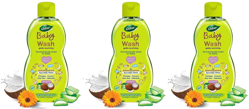 Dabur Baby Wash 200ml-Pk-3 pH 5.5 balanced, No Harmful Chemicals & Tear Free Formula(3 x 200 ml)