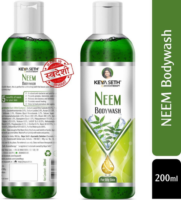 KEYA SETH AROMATHERAPY Neem Bodywash Gel Enriched with Pure Neem Essential Oil & Olive Extract -Natural Anti Acne & Pimple Unisex for Oily Skin(200 ml)