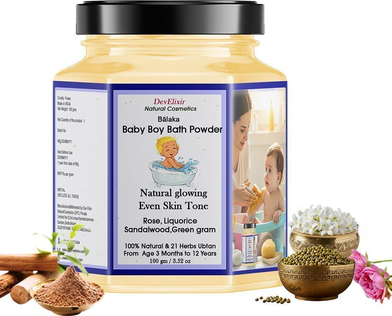 DevElixir Natural Cosmetics Boy baby Bath powder : for skin lightening, even tone packed with rose, Licorice arjuna, green grams, red & white sandal wood, vetiver, & Ayurvedic herbs extracts(100 g)