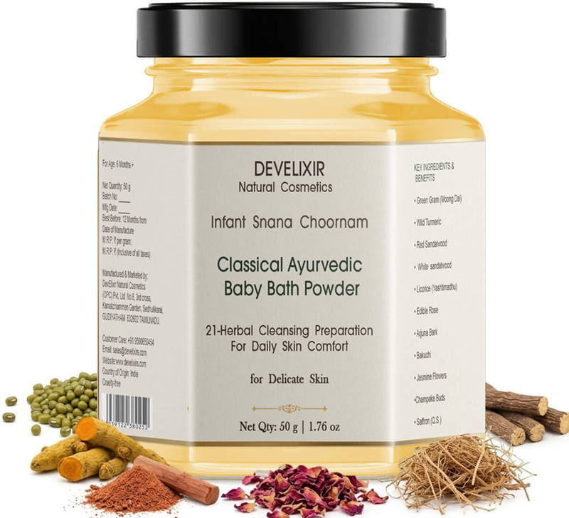 DevElixir Natural Cosmetics Baby Bath Powder Infant Snana Choornam | 21 Herbal Ayurvedic Baby Body Cleanser(50 g)