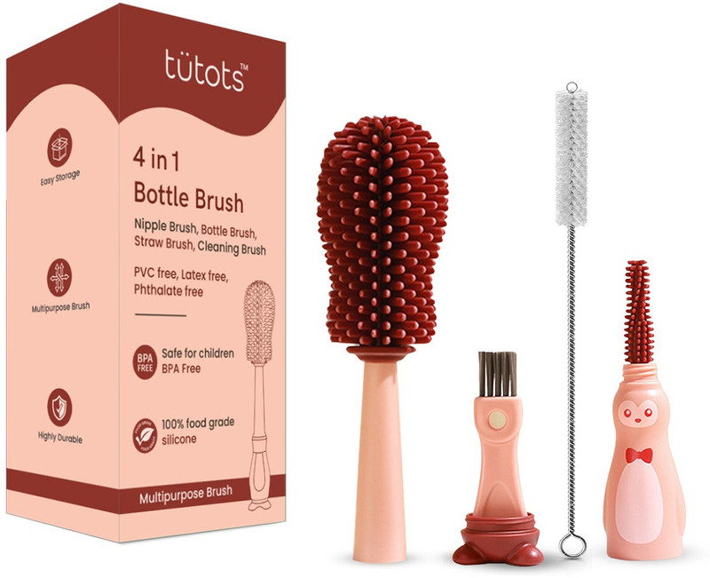 tutots Silicone 4 in 1 Bottle Brush for Nipple and Tableware(Maroon)