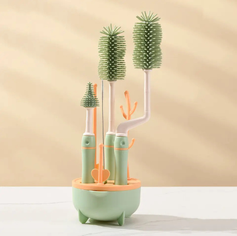 The Little Lookers Silicone Bottle Brush Set with Stand for Baby Bottle Straw Cleaner Brush (Green)(Green)