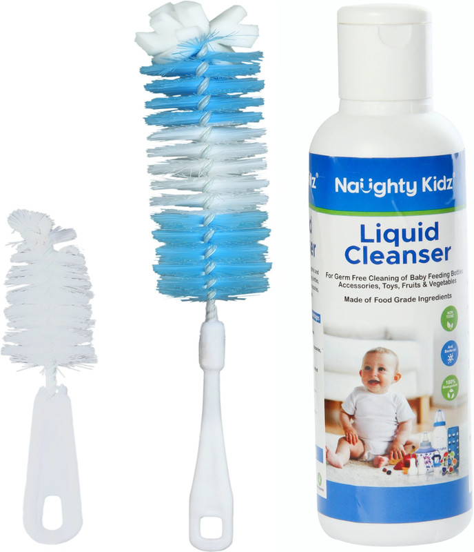 naughty kidz Combo of Liquid Cleanser and Baby Bottle Cleaning Brush With Nipple Cleaner(Bear Brush Blue & 250ml liquid Cleanser)