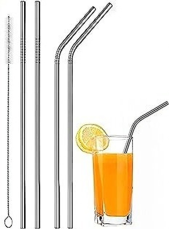 CRYZONE Long Steel Drinking Straws (2 Straight & 2 Bent with 1 Brush)(Multicolor)