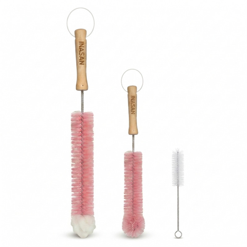 INASAN 3pc Bottle Cleaning Brush Set - Multi-Size Handle Brushes with Natural Wood Grip(Pink)