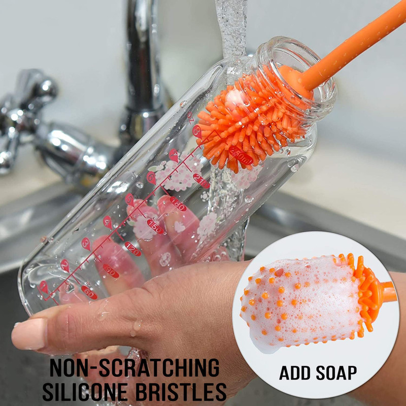 VogHaven Silicone Bottle Cleaning Brush with Soap Dispenser NoScratch Baby Bottle Cleaner(Orange)