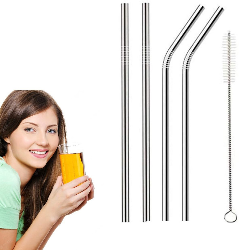 LSARI Stainless Steel Reusable Metal Straw, Set of 4(2 Straight+2 Bent)+Cleaning Brush(Silver)