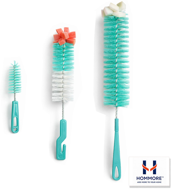 hommore Bottle Cleaning 3 Brushes combo - large, middle & nipple brush set(BIG- GREEN, SMALL- GREEN /PINK / LIME)