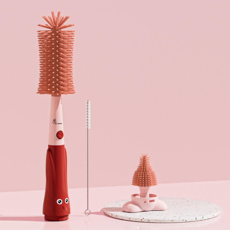 R for Rabbit Hygo Care Bunny Baby Bottle Cleaner, Nipple Straw Cleaning Silicone Brush Set(Red)