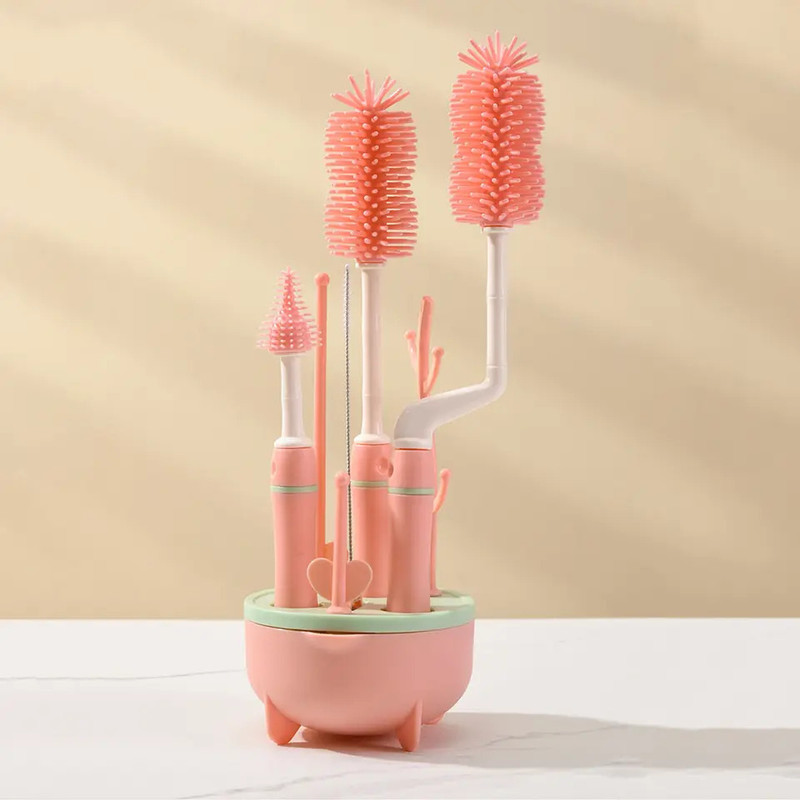 The Little Lookers Silicone Bottle Brush Set with Stand for Baby Bottle Straw Cleaner Brush (Pink)(Pink)