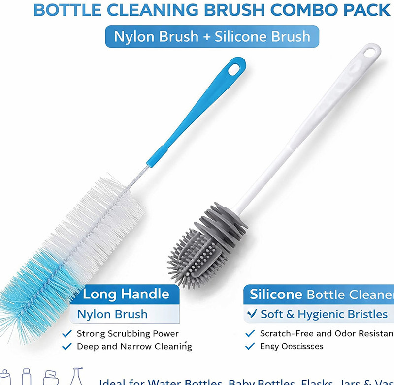 SARTHU Long Handle Nylon Bottle Brush + Silicone Bottle Cleaner Brush(White, Blue)