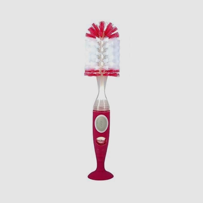 NUBY Bottle Brush with Textured Handles and Suction Base, 2 in 1 Pink(Pink)