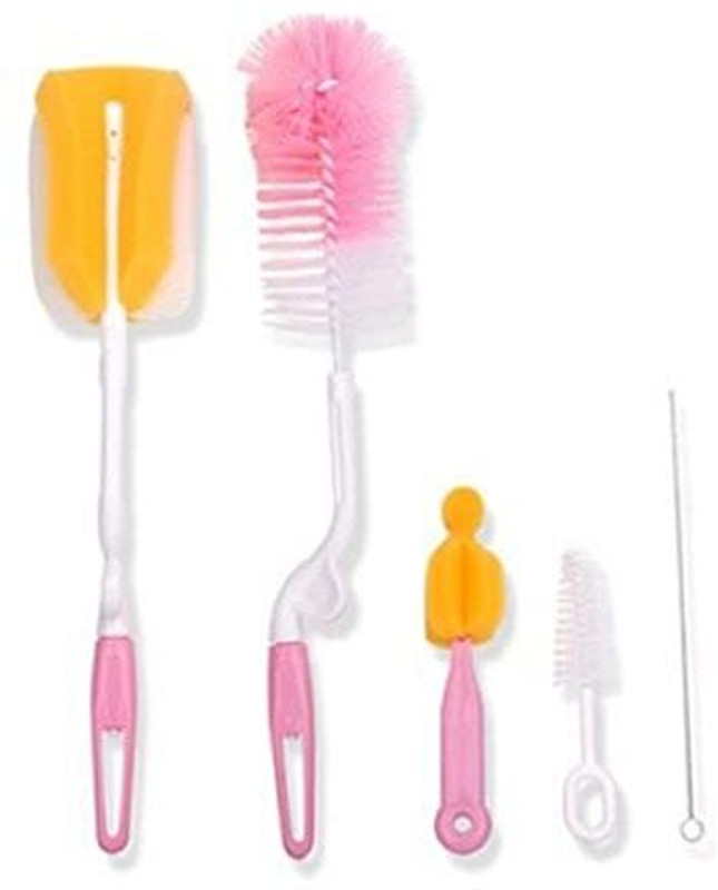 Safe-o-kid 5 Piece All in one Baby Milk Bottle Nipple Straw Brush Sponge NylonCleaning Kit(Pink)