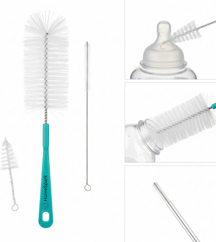 HomeSpark 360° Rotating Baby Bottle Brush with Nipple & Straw Cleaner | BPA-Free(Teal green.)