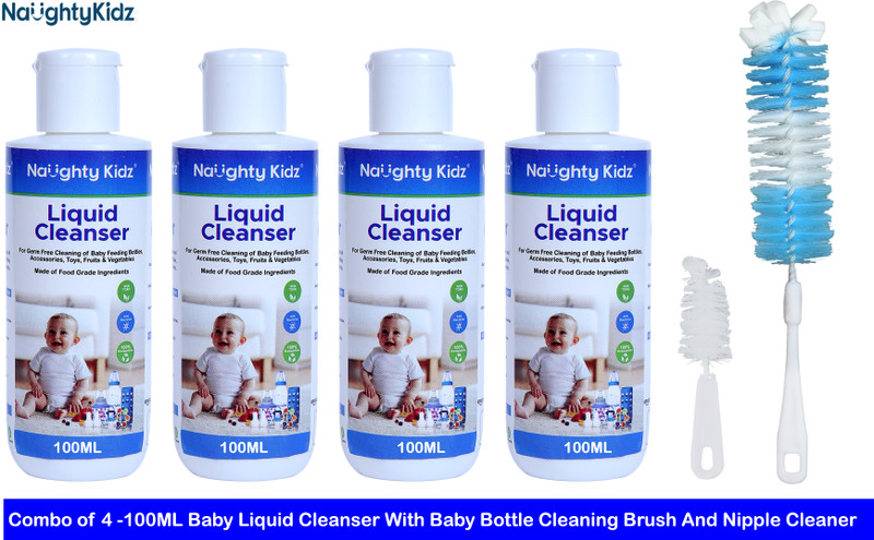naughty kidz Pack of 4 Baby liquid cleanser With Bottle and Nipple Cleaning Brush 4Pc x100ML(4 Pcs x 100ML Liquid Cleanser, 1 Baby Bottle Cleaning Brush With Nipple Cleaner)