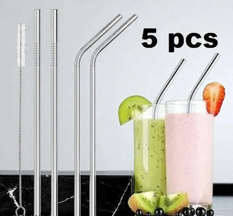 Shopping dust Stainless Steel Reusable Metal Straw, Set of 5(2Straight+2Bent)+1Cleaning Brush(Silver)