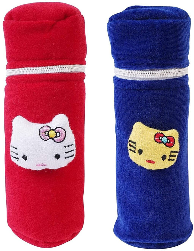 Lala Maneet Soft Plush Baby Bottle Cover for Feeders Set of 2 Zipper Closer Cute Animated(Red & Royal Blue)