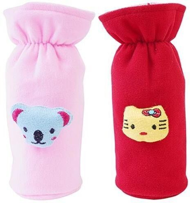 MW PRINTS Soft Plush Stretchable Baby Feeding Bottle Cover Easy to Hold Strap With Cartoon(Light Pink, Dark Red)