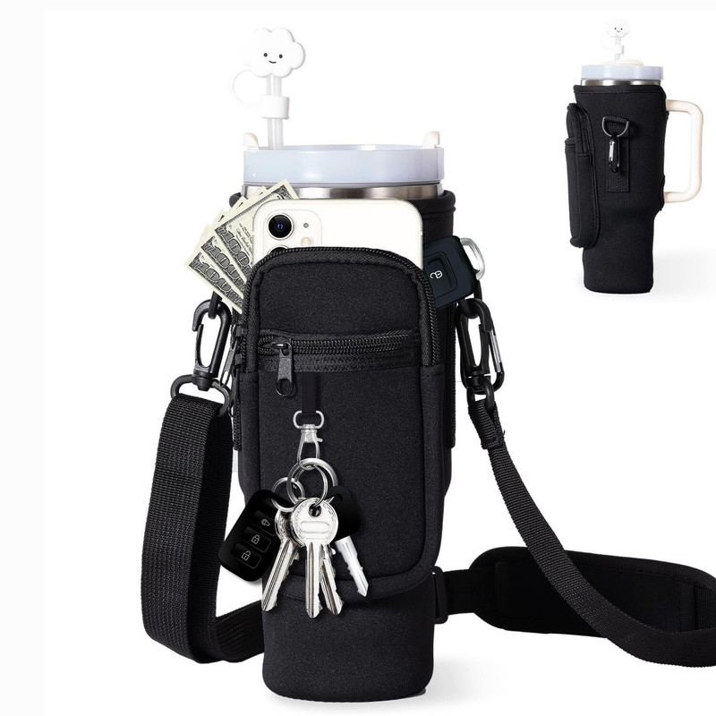 MALBEC Water Bottle Carrier Bag with Strap Pouch for Tumbler Cup Travel Hiking Camping(Black)