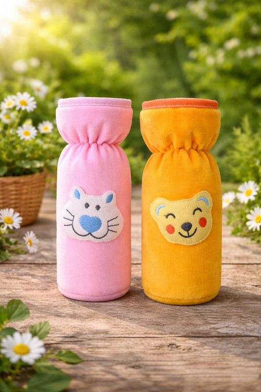 AURAMAX Soft Plush Stretchable Baby Feeding Bottle Cover Strap With Animated Cartoon |(Orange, Pink)