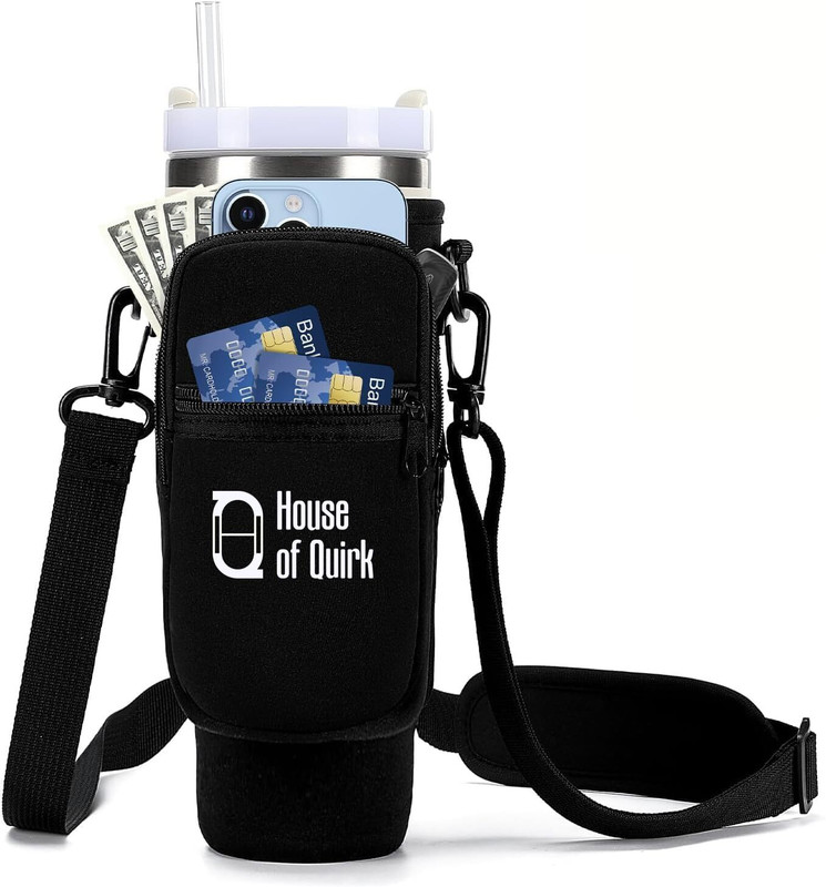HOUSE OF QUIRK Water Bottle Carrier Bag with Phone Pocket for 40/30 oz Tumbler-Only Bag(Black)