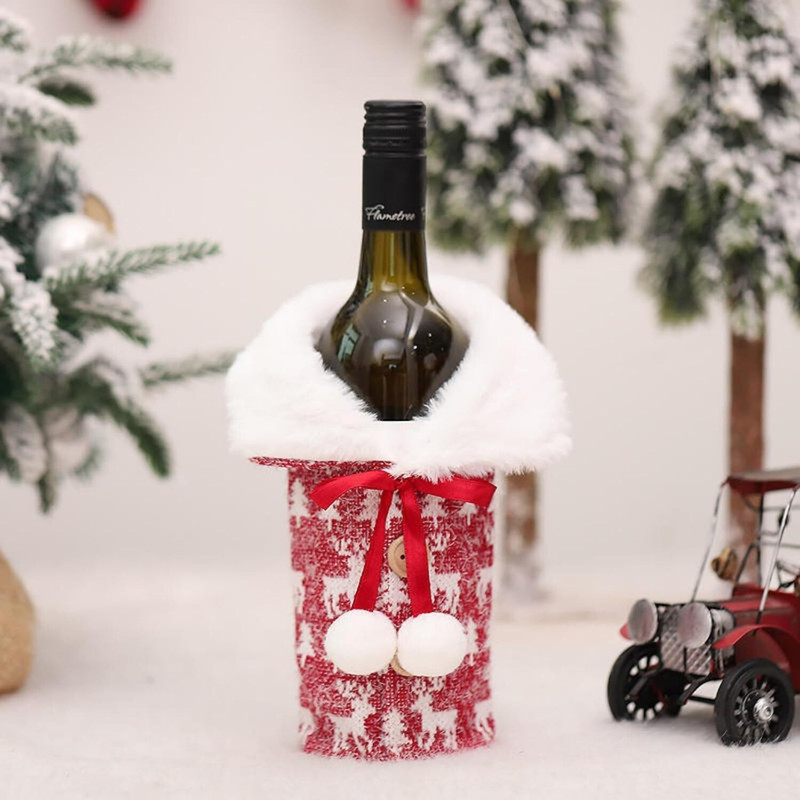 Ascension Christmas Wine Bottle with Faux Fur Collar & Pom-Poms Xmas Wine Bottle Cover(Multicolor)