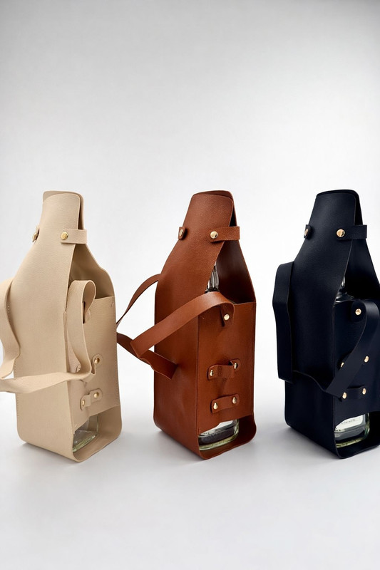 IndElite Premium Leather Wine Bottle Carrier Bag Pack of 3 with Strap Gift Case(Beige, Tan, Black)