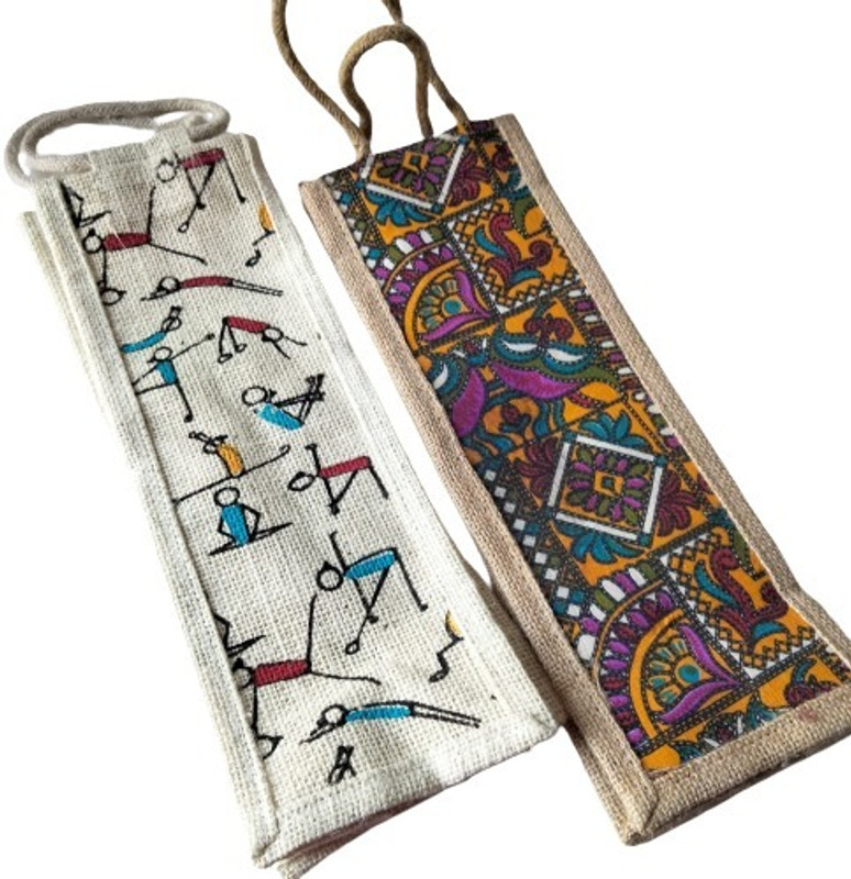 Neo Smarrt 1 Printed and 1 Plain Jute Bottle Bags(Multicolor)