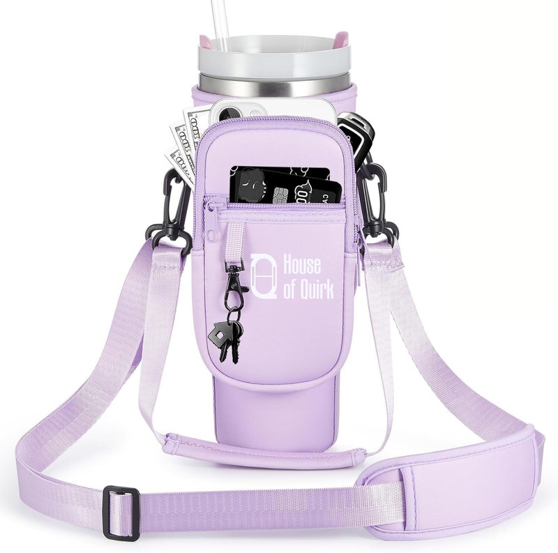HOUSE OF QUIRK Water Bottle Carrier Bag with Phone Pocket for 40/30 oz Tumbler-Only Bag(Purple)
