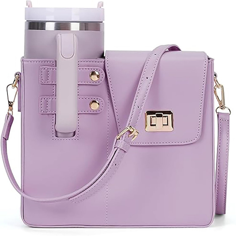 HOUSE OF QUIRK Portable Crossbody Tumbler Holder Bag with Purse Compartment-24.5 x 20 x 10.5cm(Mauve)