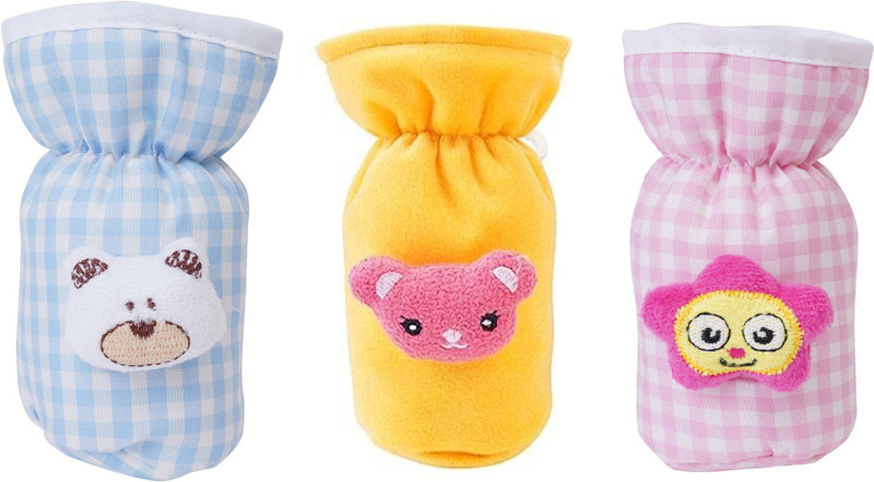 Da Anushi Soft Cotton Stretchable Baby Feeding Bottle Cover With Easy To Hold Strap For Newborn/Toddler Babies - Cute Attractive Teddy Cartoon With Over All Check Print | Small (60-125 ML)- Pack of 3(Blue, Yellow, Pink)