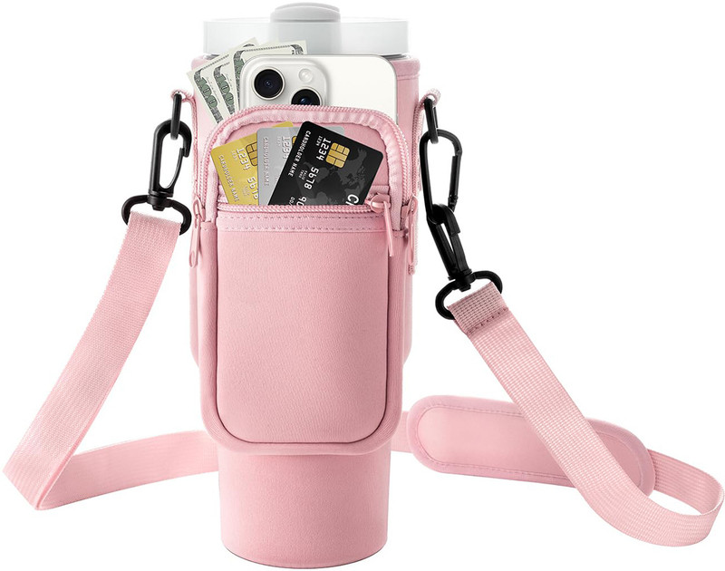 HASTHIP Water Bottle Carrier Bag for Stanley 40/30 oz Tumbler with Strap and Pouch(Light Pink)