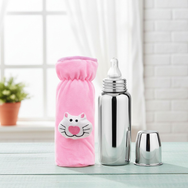 ECOM FASHION HUB Baby feeding bottle with cover & baby fruit feeder 0-3 years BPA free  - Steel Milk Bottle For New Born Baby(PINK+BOTTLE)