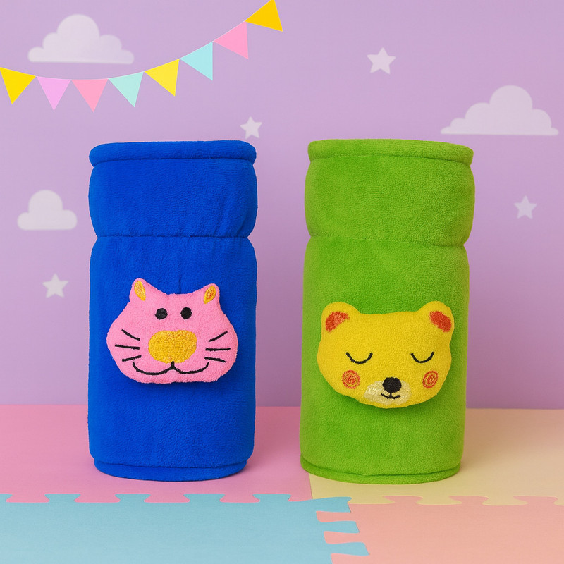 Lala Maneet Soft Plush Baby Feeding Bottle Cover (60-125 ml) with Cartoon Strap, Durable(Light Blue, Green)
