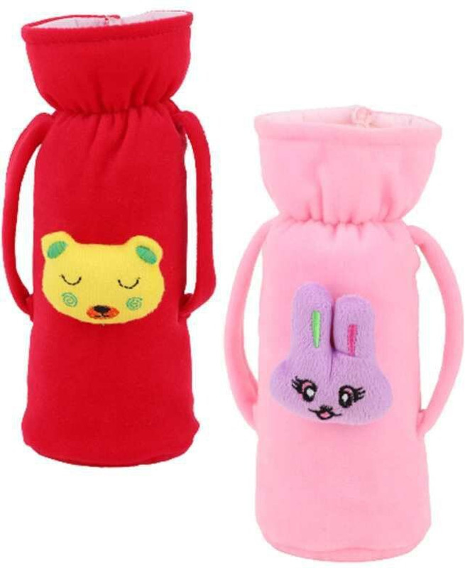 Lala Maneet Plush Baby Feeding Handle Bottle Cover With Attractive Cartoon Design-Pack of 2(Red, BABYPINK)