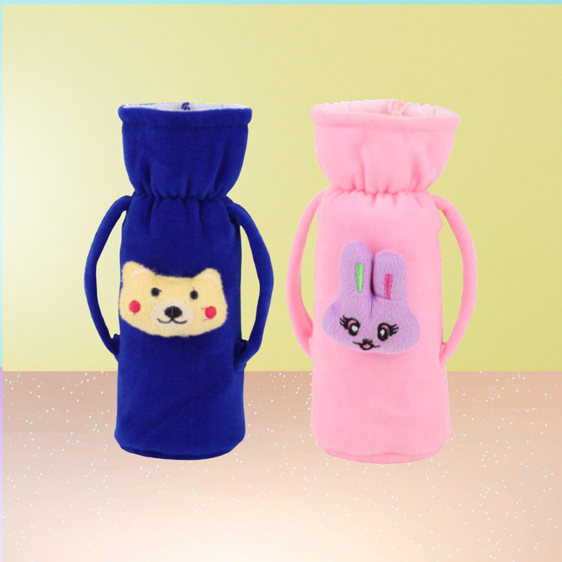 MW PRINTS Soft Plush Feeding Bottle Cover with Handle & Adorable Cartoon Character Design(Blue, Baby Pink)