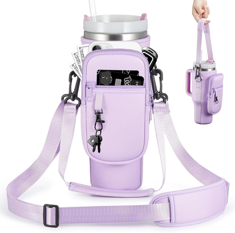 MALBEC Water Bottle Carrier Bag with Strap Pouch for Tumbler Cup Travel Hiking Camping(Purple)