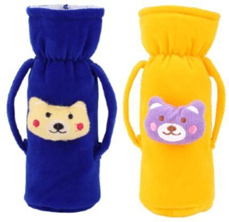 MW PRINTS Soft Plush Baby Bottle Cover for Feeders Set of 2 Cover Handle on Both Side(Dark Blue & Yellow)