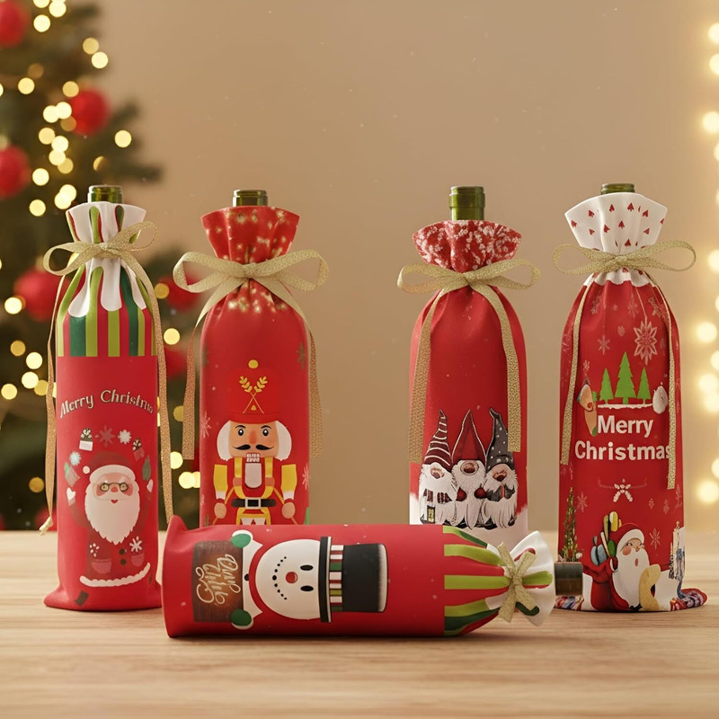Ascension Wine Bottle Covers Gifts Bags with Santa, Snowman, Gnome & Nutcracker(Pack Of 5)(Multicolor)