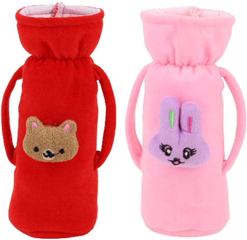 Lala Maneet Soft Plush Baby Bottle Cover for Feeders Set of 2 Cover Handle on Both Side(Red & Light Pink)
