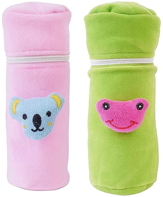 MW PRINTS Soft Plush Baby Bottle Cover for Feeders Set of 2 Zipper Closer Cute Animated(Baby Pink & Green)