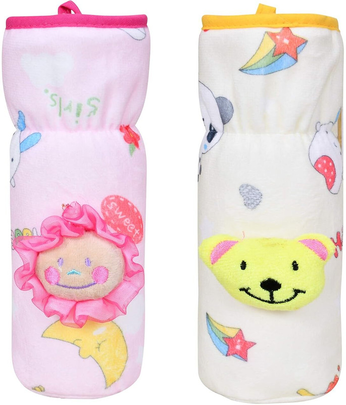 Toes Kids Soft Plush Stretchable Baby Feeding Bottle Cover with Hold Strap Pack of 2(Yellow)