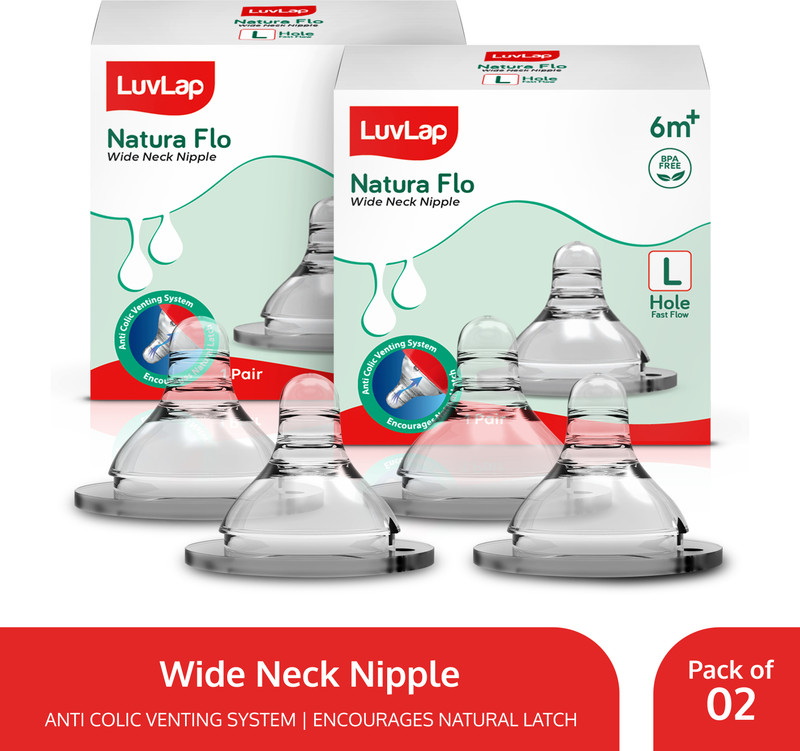 LuvLap Anti-Colic Natura Flo Teat/for Wide Neck Bottle, 4pcs, 6m+ Fast Flow Nipple(Pack of 4 Nipples)