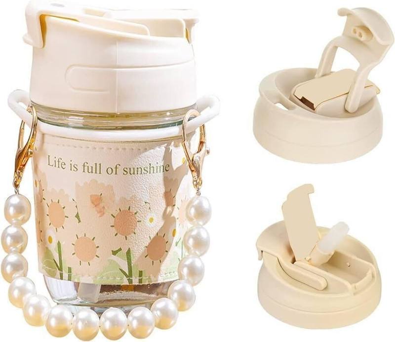 Wellxo Glass Coffee Mugs With Pearl Chain Belt & Sleeve Pack Of 1((Ivory))