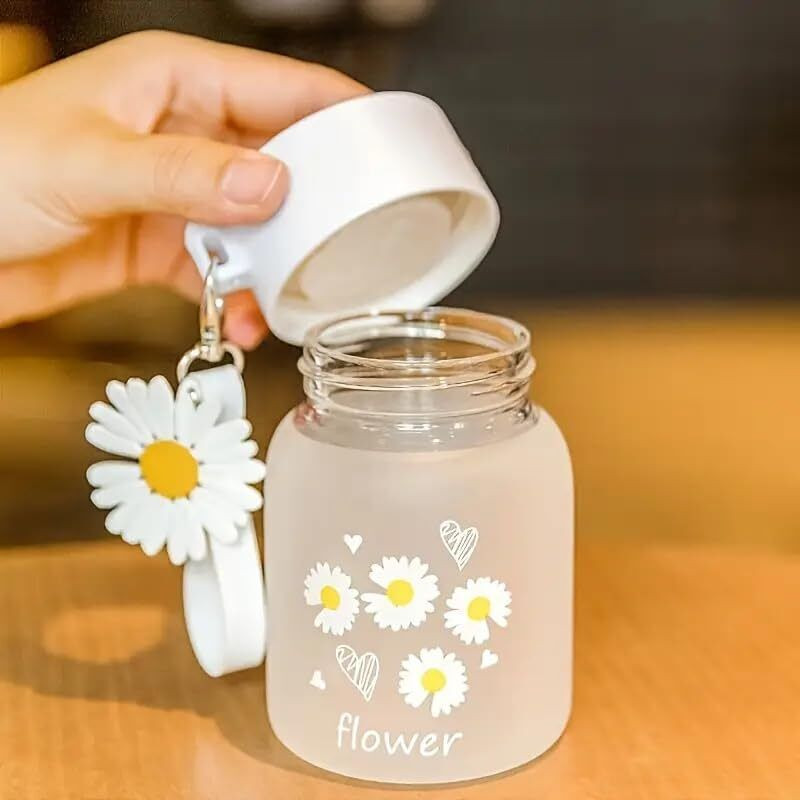 exactor 350ml Cute Flower Frosted Glass Small Bottle Travel Cup With Lid Coffee Tumbler Glass Coffee Mug(350 ml)