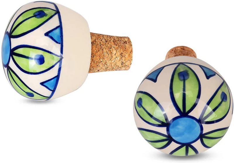 THE INDIAN AURA Green Leaves with Blue Center Ceramic Bottle Stopper(Blue, Green, White)