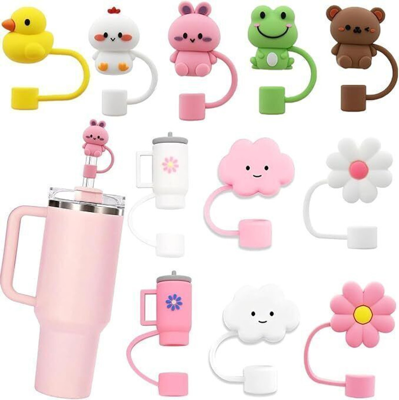 MeeTo Cute Straw Cover ||Tumblers Tip Cover for 10mm Straws Reusable||2 Pcs Random Silicone Bottle Stopper(Multicolor)