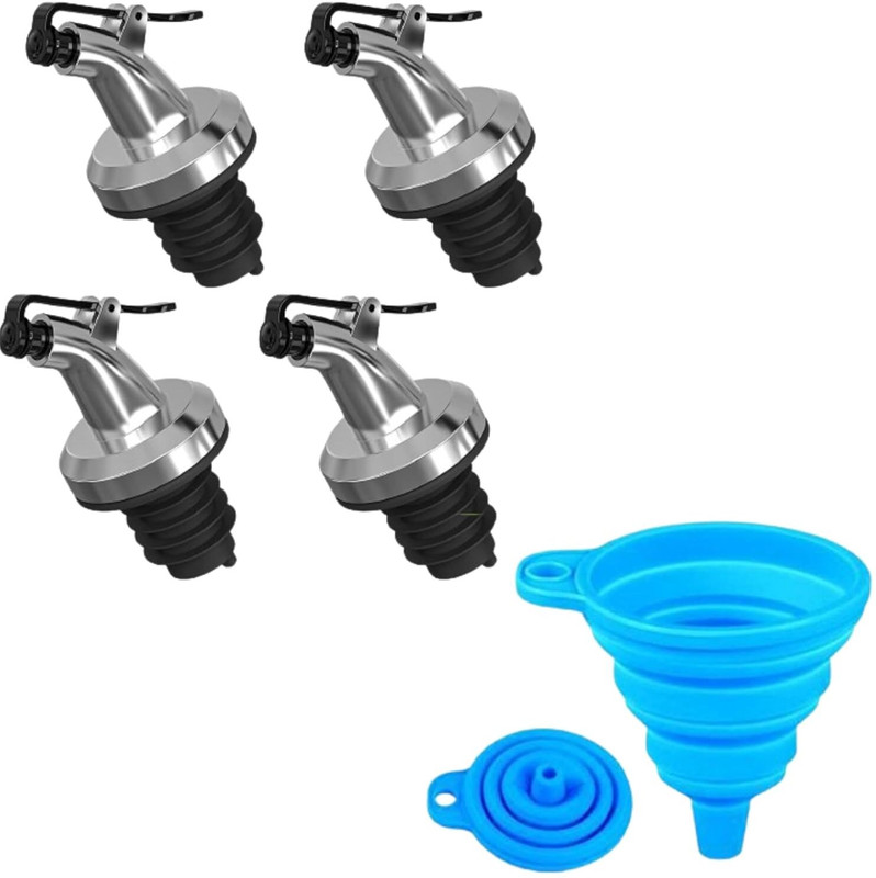 ZIVINI 04 Oil Bottle Dispenser Cap LeakProof Pour Spouts & 01 Silicone Folding Funnel Plastic, Steel Bottle Stopper(Silver, Black)