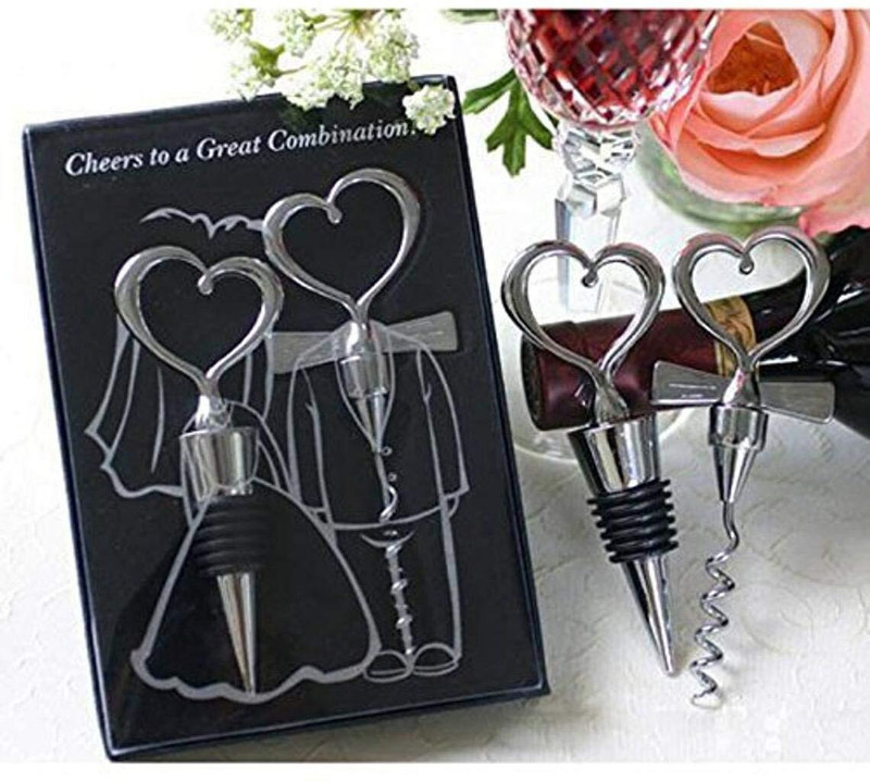 CherryBox Heart Shaped Wine Bottle Stopper & Corkscrew Spiral Drill Opener Silver 2 in 1 Stoneware Bottle Stopper(Silver)